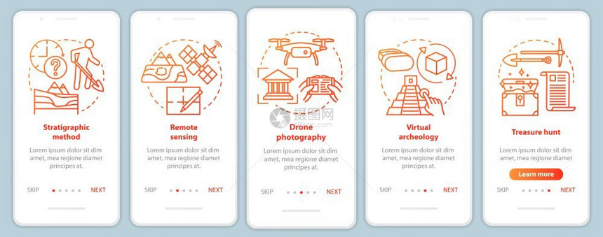 使用移动应程序页面屏幕矢量模板的移动应用页面屏幕上的考古方法研究地形寻宝用线插图走过网站步骤uxig智能手机界面概念图片