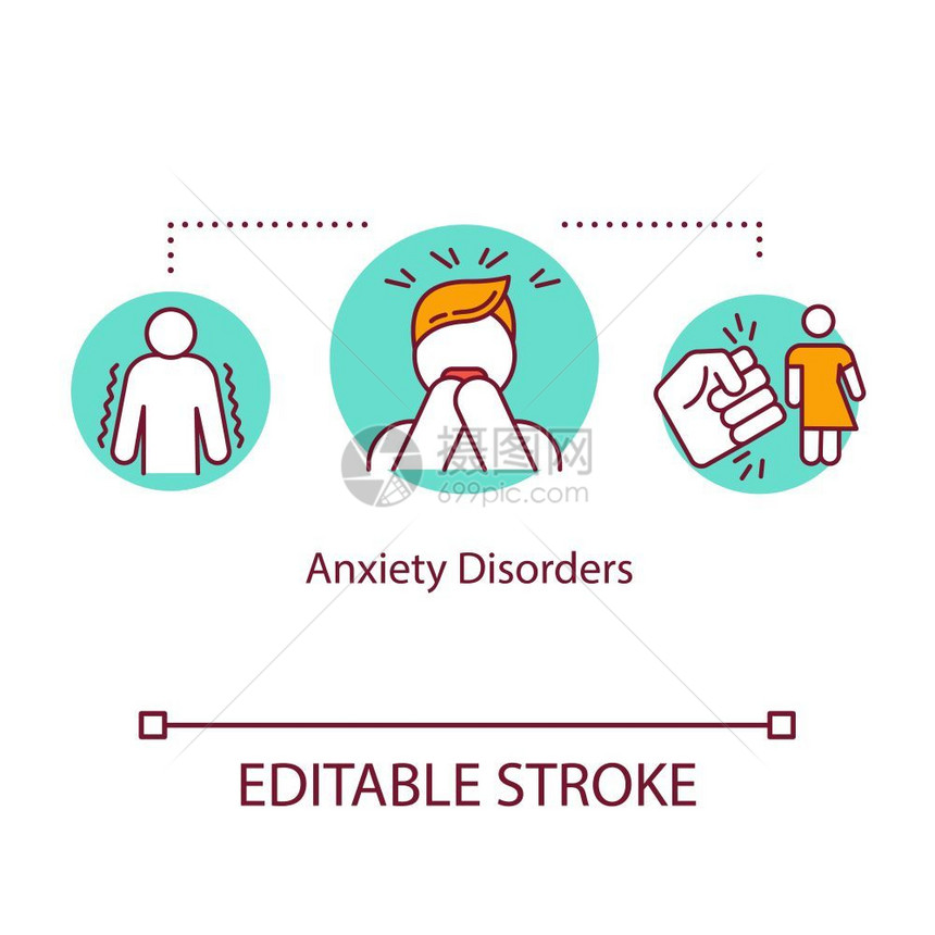 精神疾病概念的细线插图恐惧症压力管理强迫紊乱矢量孤立的外观色画图可编辑的中风图片