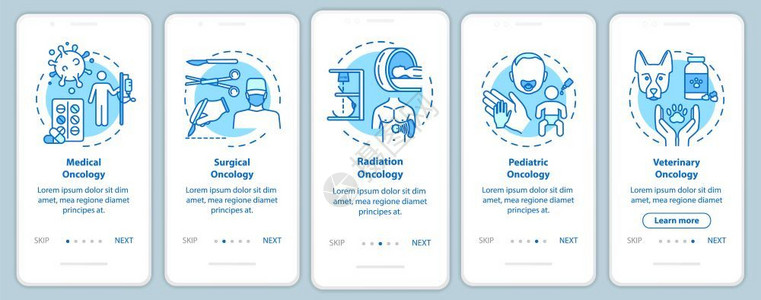 医生和外科肿瘤学癌症治疗通过五步图示指配有rgb颜色插图的ui矢量模板背景图片