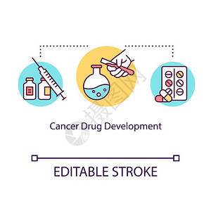 肿瘤药物肿瘤治疗概念细线插图药物片治疗理学医实验室研究病媒孤立的Rgb色画可编辑的中风插画