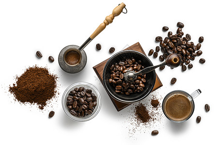 咖啡冲调步骤白色背景中咖啡研磨过程顶部视图背景