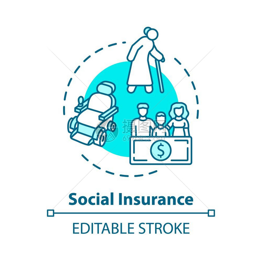 社会保险概念图标人寿保护健政策安全退休养恤金计划设想细线图解矢量孤立大纲紫色图画可编辑的中风图片