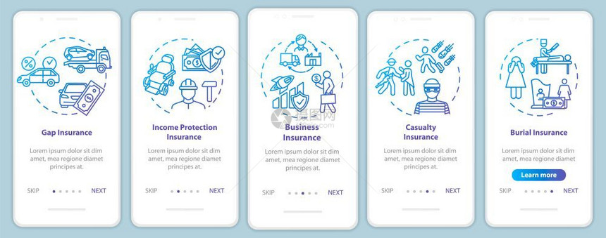 包含概念的移动应用程序页面屏幕上保护业务家庭支持财政援助通过5步图形指示ui矢量模板配有rgb彩色插图图片
