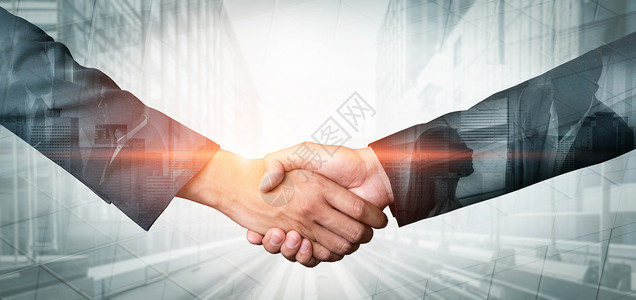 合成两个素材商业界人士在城市办公大楼上握手的双重背景插画