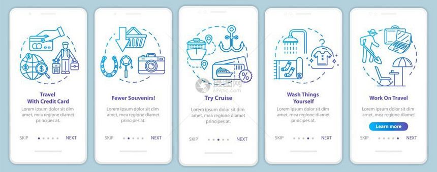 使用移动应程序页面屏幕上的旅行提示包括概念信用卡优势节省旅游的钱通过五步图形指示ui矢量模板配有rgb彩色插图图片
