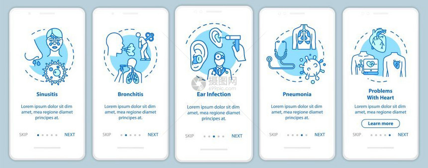 带概念的移动应用程序页面屏幕上呼吸道感染流并发症通过5步图示指配有rgb颜色插图的ui矢量模板图片