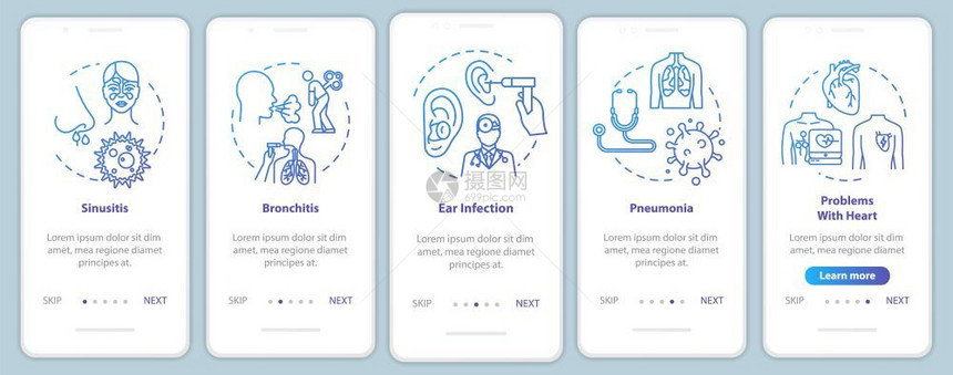 带概念的移动应用程序页面屏幕上的肺病医学检查口腔动脉瘤治疗通过五步图示指ui矢量模板配有rgb颜色插图图片