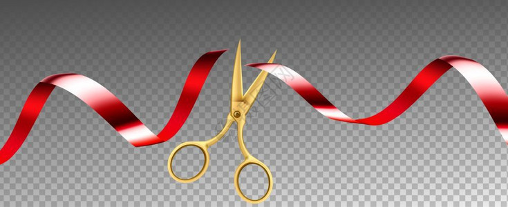 金剪刀剪切的金裁的红色丝带装饰节庆仪式设备概念模板符合现实的三维插图插画
