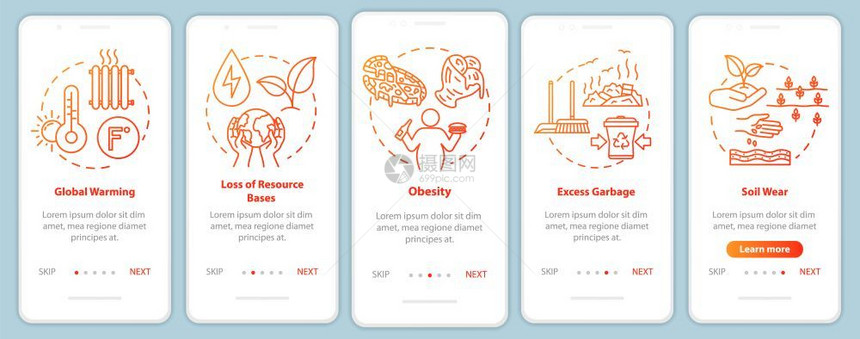 装有概念的移动应用程序页面屏幕上的消费过量全球变暖土壤磨损消费主义通过5步图形指示配有rgb颜色插图的ui矢量模板图片