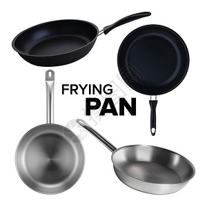 灼热不锈钢板底和煎铁锅烹饪设备用于烹饪概念模板的铸铁技巧工具符合实际的3d插图插画
