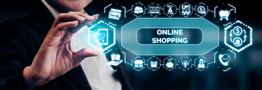 现代图形界面显示电子商务零售店供客户在网上购买产品和通过网上转账付费背景图片