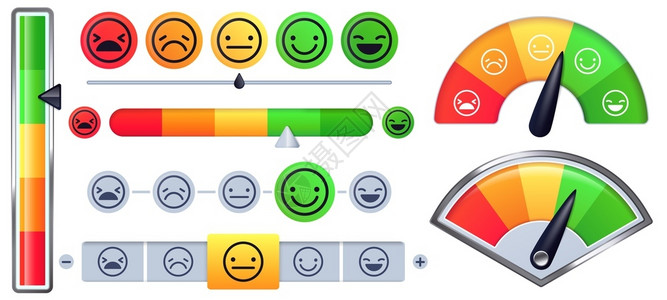 金盘点报告表客户满意度计量表客户的满意度计量表客户的绿色快乐微笑和悲伤的红脸情绪测量表矢集调查情绪微笑插画