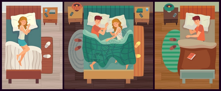 人在床上两对夫妇睡着男女单独一起睡健康的眠卡通矢量说明单独睡在卧室躺舒适的单梦中两对夫妇睡健康的眠卡通矢量说明插画