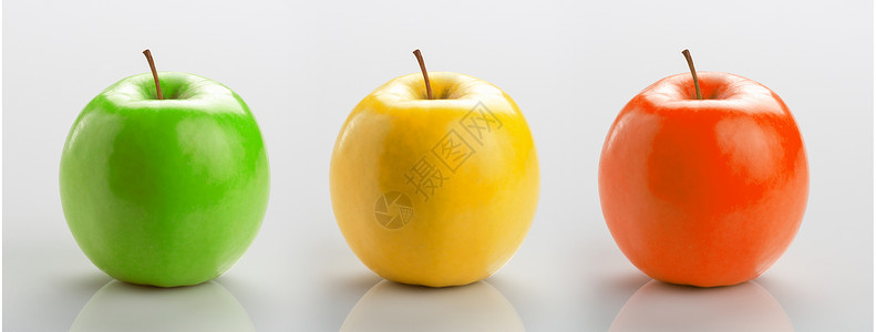 由三个苹果组成的合绿色黄和红背景