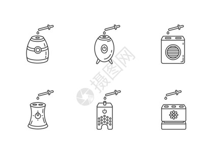净化型加湿器带有油像素完美线图标的空气净化器候设备空香味可定制的细线等宽符号孤立的矢量轮廓插图可编辑的中风插画