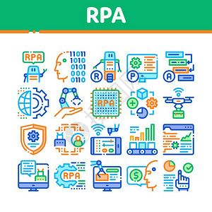 rpa机器人程序自动化无人机投送和处理芯片机器人臂和手概念直线象形图背景图片