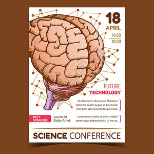 人类器官医学的脑解剖人体器官医学人机概念模板用古典风格的多彩图解画科学会议宣传广告海报矢量背景图片