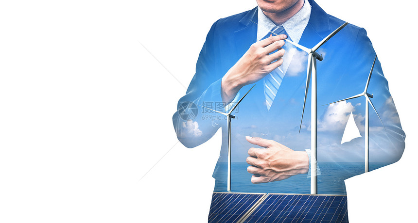 在风力涡轮机农场和绿色可再生能源工人界面上作的商人士双重接触图像图片