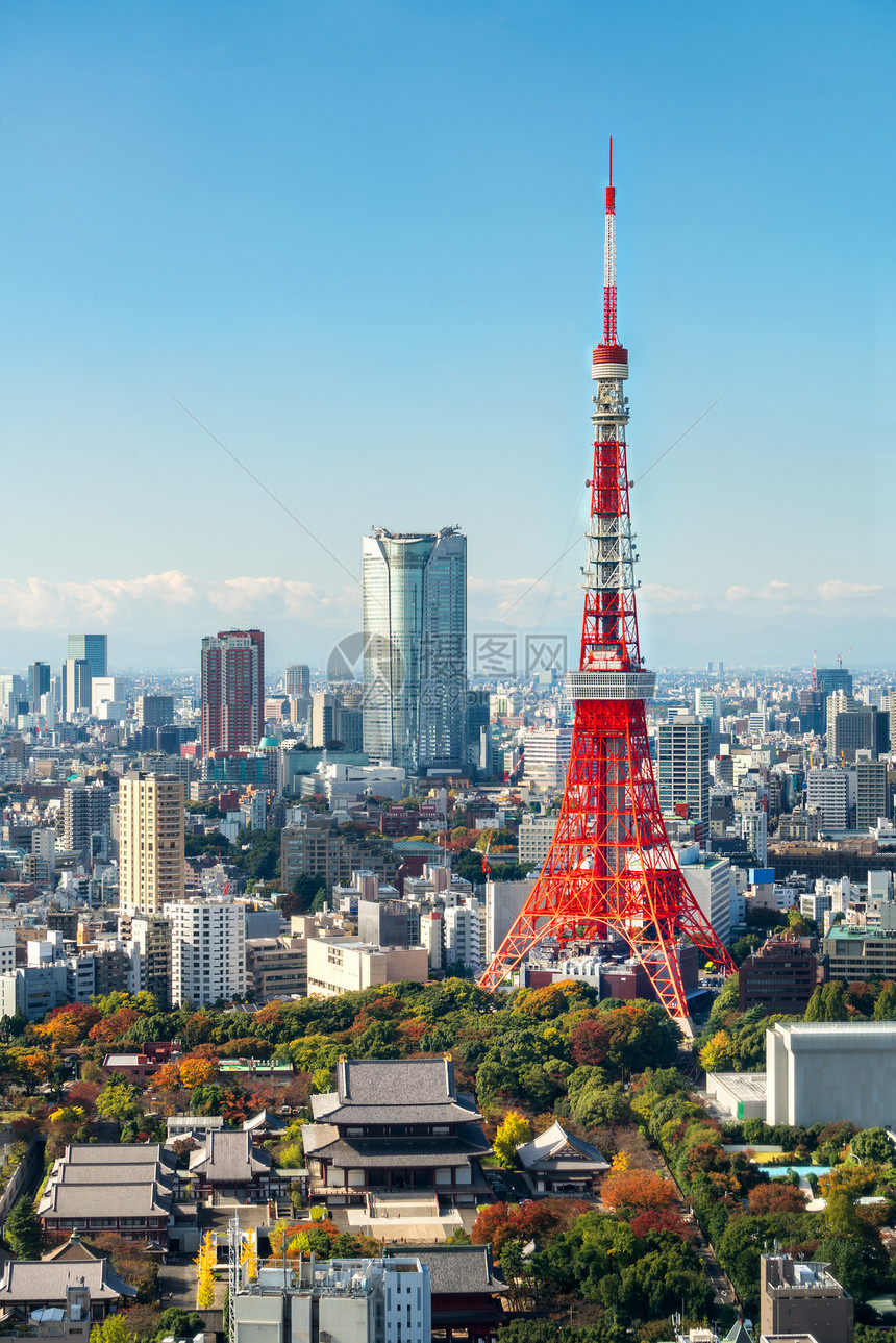 东京塔日本城东京市天际线日本著名的旅游目地日本中心商业区东京市中心大楼和塔台图片