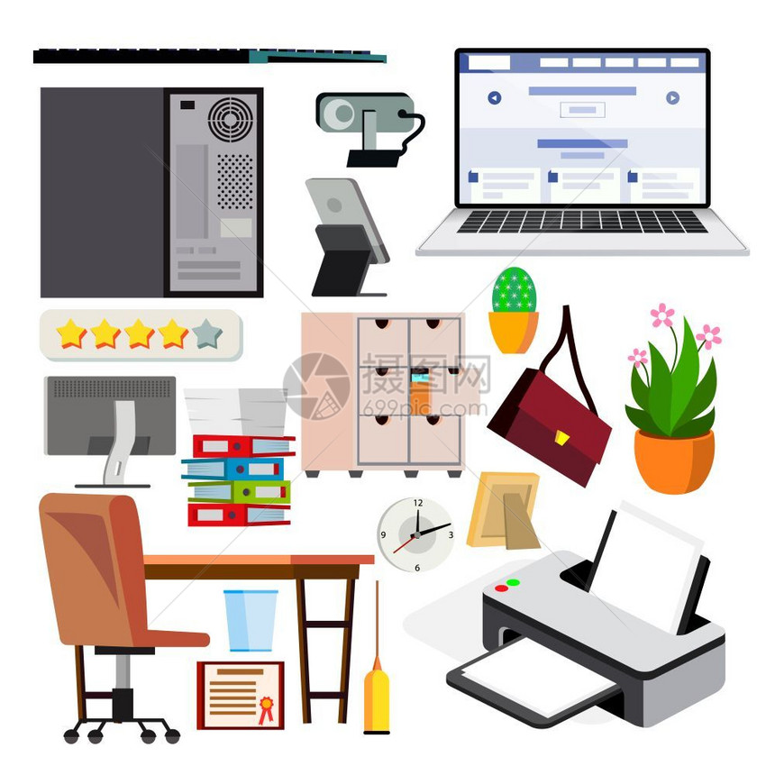 办公室设备置矢量键盘电子数字项目图标业务流程纸张和桌面物体技术孤立的平板图计算机膝上型监视器商业工作空间硬件和工具元素孤立的平板图片