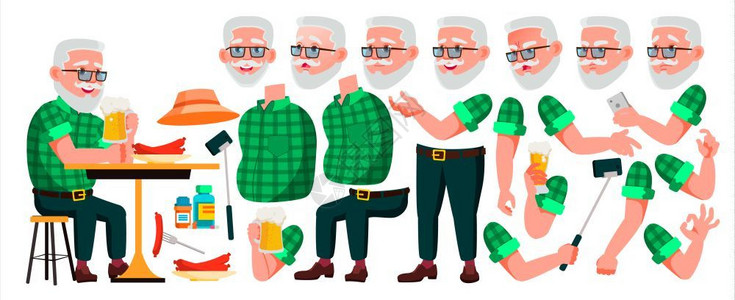 轻年男性老人矢量年肖像动画制作组面对情绪手势美丽的退休人员生命印刷设计动画孤立插图面感印刷设计动画孤立漫插图插画