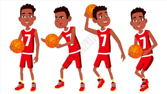 职业篮球篮球运动员儿童矢量各种姿势身穿制服的球运动员体育比赛游戏孤立的平板卡通插图篮球运动员儿童矢量不同的姿势引导球体育比赛运动孤立的平插画