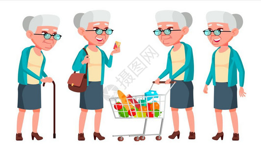 拜访老年朋友老年人退休者微笑网络海报小册子设计孤立的漫画插图老年妇女广告标语印刷设计孤立的漫画插图插画