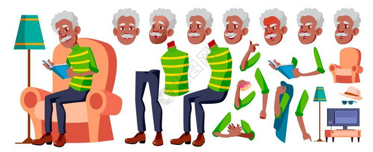 可动素材制作老年人动画制作面对情绪手势漫画退休者的生活方式动画漫插图黑人美国老年情绪漫画退休者生活方式动画标牌漫插图动情感动图漫插动动制作人插画