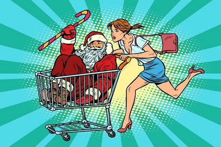 圣诞节购物圣诞销售妇女购买了圣达克拉斯购物车厢流行艺术回放矢量说明插画