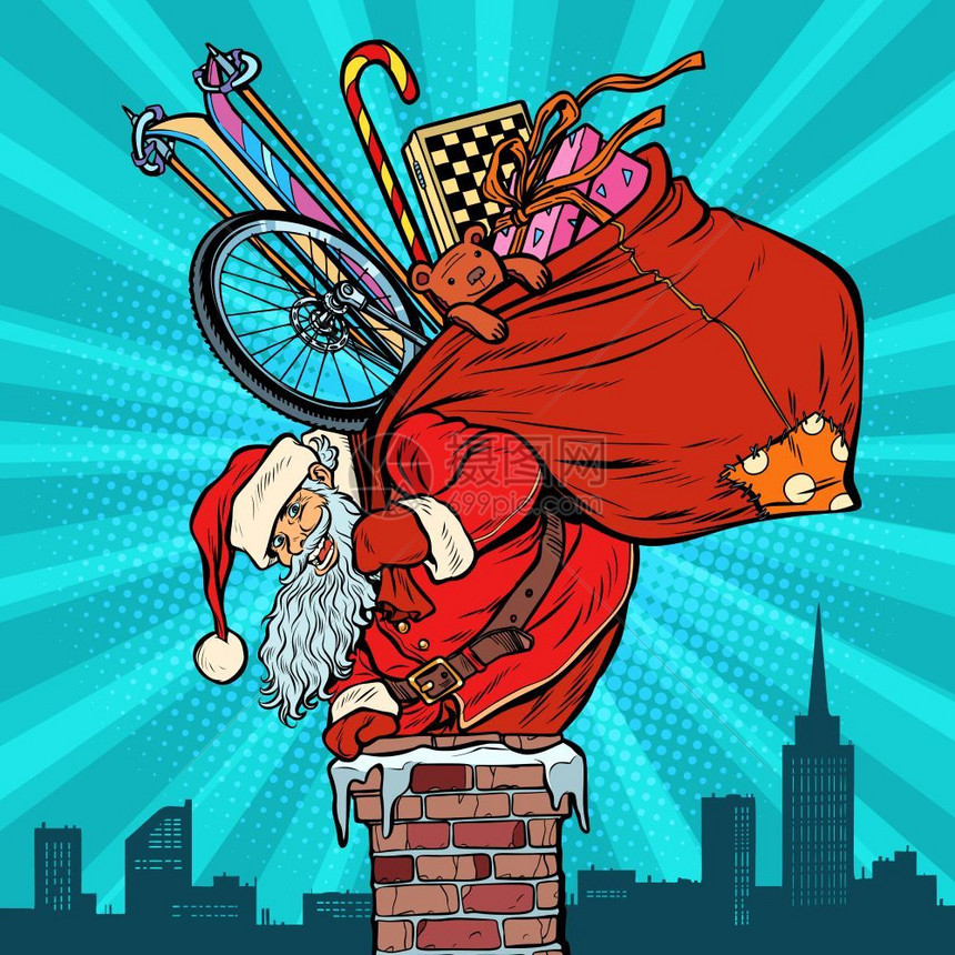 复古圣诞老人从烟囱里送礼物卡通矢量插画图片