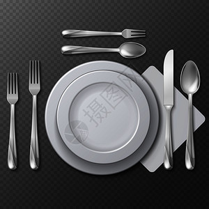 铁叉子素材桌上矢量图的现实空圆板瓷盘钢叉勺子和刀桌式餐具板配叉子和勺桌上矢量图的现实空圆板勺子和刀插画
