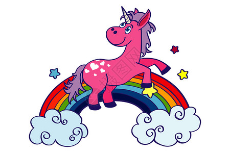 粉红独角兽在彩虹上跳舞快乐的小马矢量说明手画粉红独角兽彩虹图片