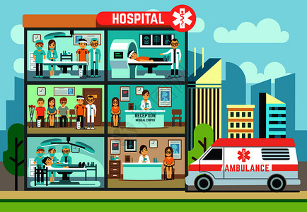 医院诊所大楼病人的救护车和医生平板图图片