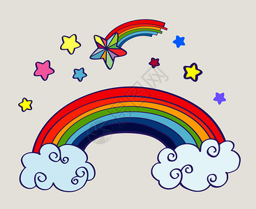彩虹流星手画卡通彩虹云和坠落的恒星抽象仙子艺术矢量说明手画卡通彩虹云和坠落的恒星插画