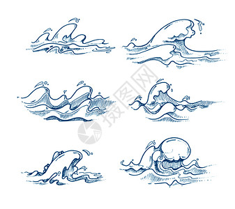 手画草图涂鸦风格海浪水绘制波图矢量说明涂鸦风格的年海浪矢量图片
