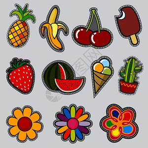 彩色花和草莓刺绣徽章西瓜和冰淇淋插图背景图片