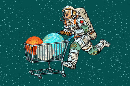 推购物车的人宇航员推着装有星球的购物车插画