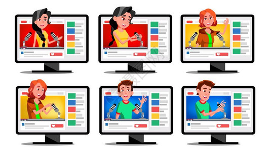 在电脑中的男女主播卡通矢量插画背景图片