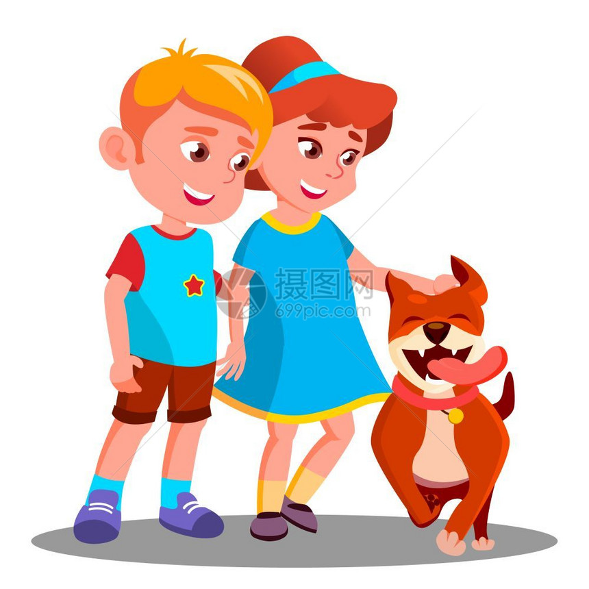 卡通可爱男孩和女孩和狗一起玩耍图片
