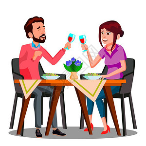 年轻夫妇在餐馆中喝酒吃饭卡通矢量插画图片