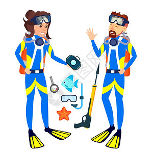 潜水工具穿潜水服的男孩和女孩插画