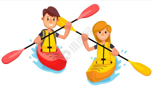 小皮艇夫妇在湖里划皮划艇插画