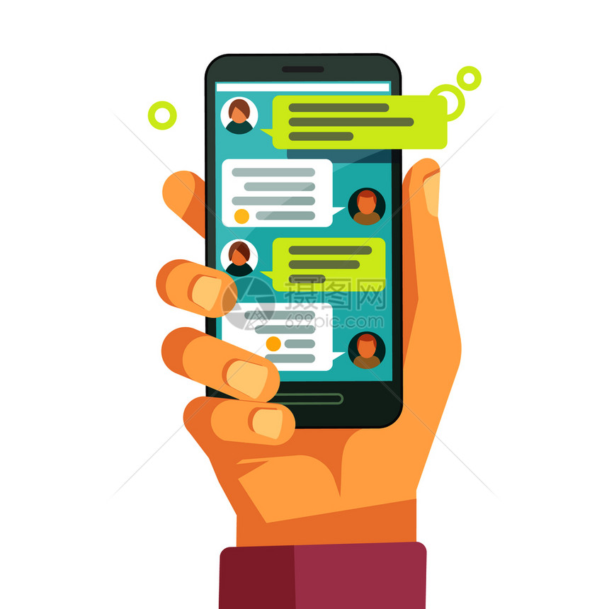 与聊天室在电话上与短信息矢量概念进行在线对话使用电发送信息用电文显示屏幕插图与聊天室在电话上线对话文本信息矢量概念图片