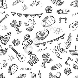 草帽涂鸦传统墨西哥食品文化元素插画