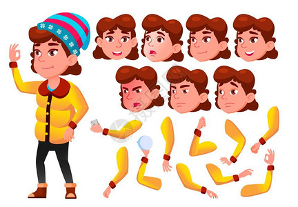 卡通冬天戴帽子的青少年男孩各种情感各种姿态矢量插画图片