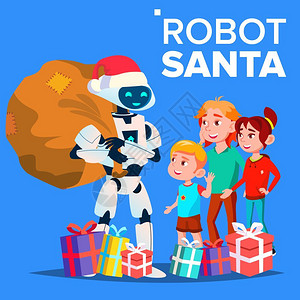 机器人圣诞老人为孩子们送礼物卡通矢量插画图片