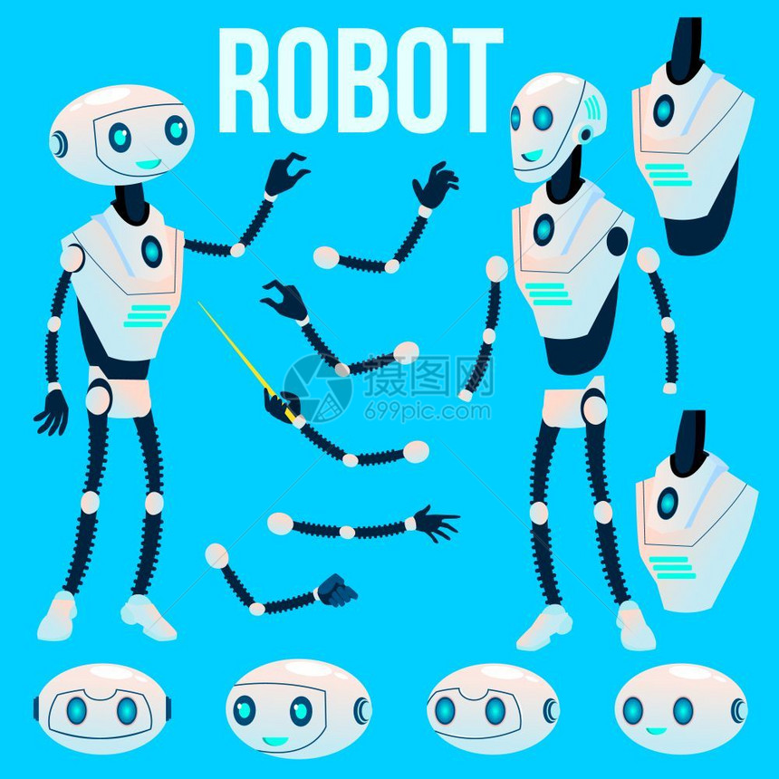 机器人助手矢量动画创建设置现代机器人客户端支持服务聊天机器人头手势动画人工智能横幅动画机网络设计插图机器人矢量动画创建集未来机制图片