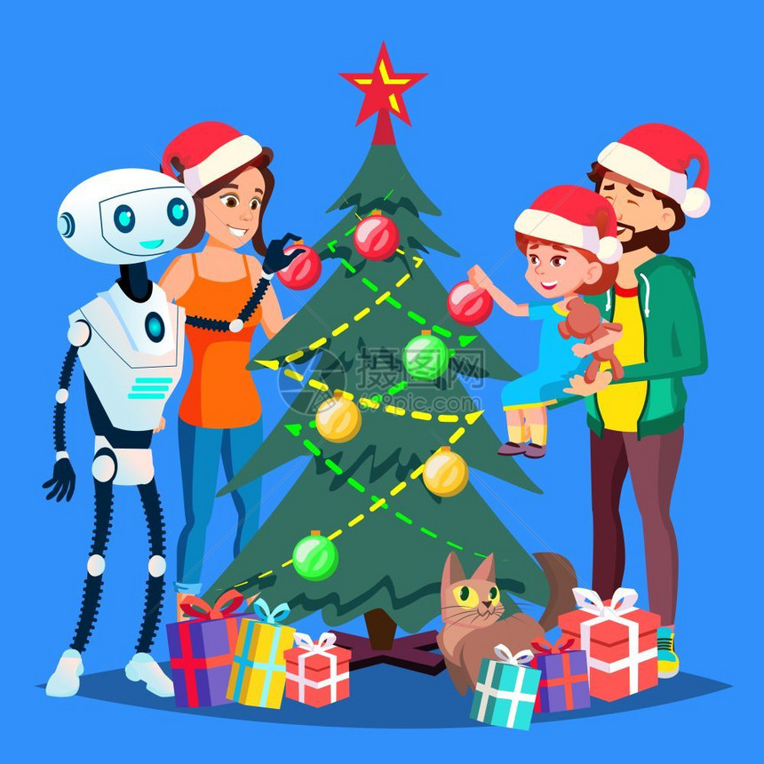 机器人帮助为幸福的家庭矢量装饰圣诞树插图图片