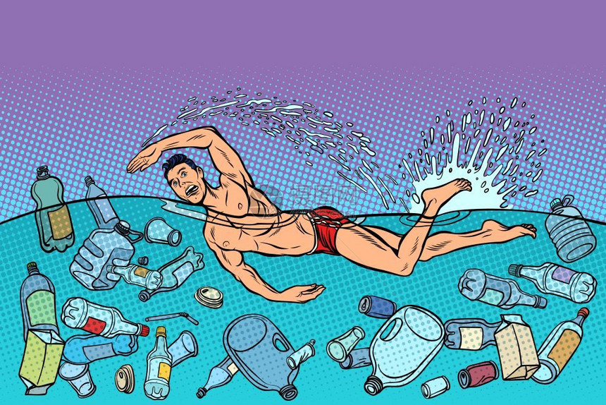在被污染的大海中游泳的男子图片