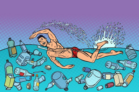 在被污染的大海中游泳的男子图片